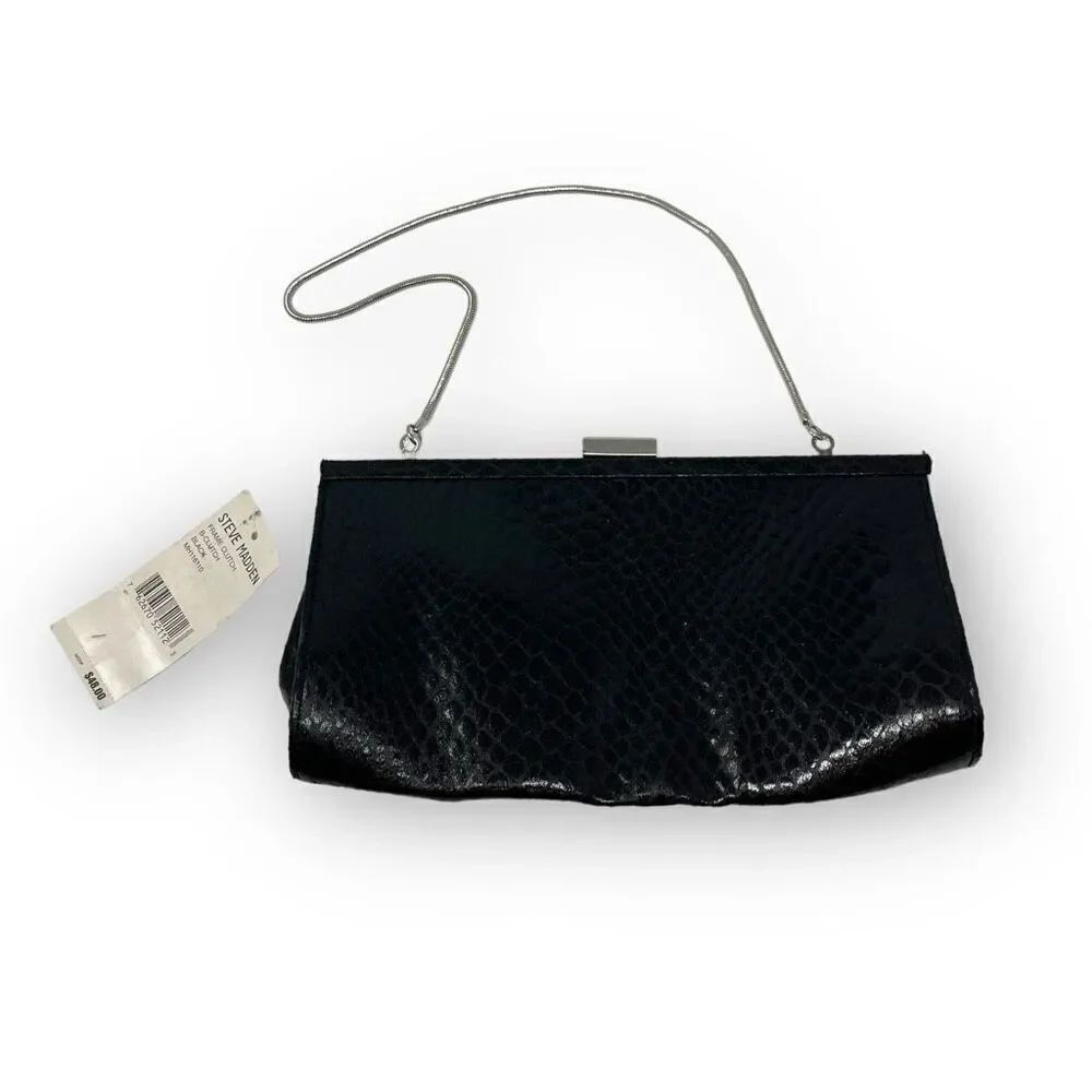 Steve Madden Black Frame Clutch Handbag Purse Bag Silver Chain & Lining NWT
